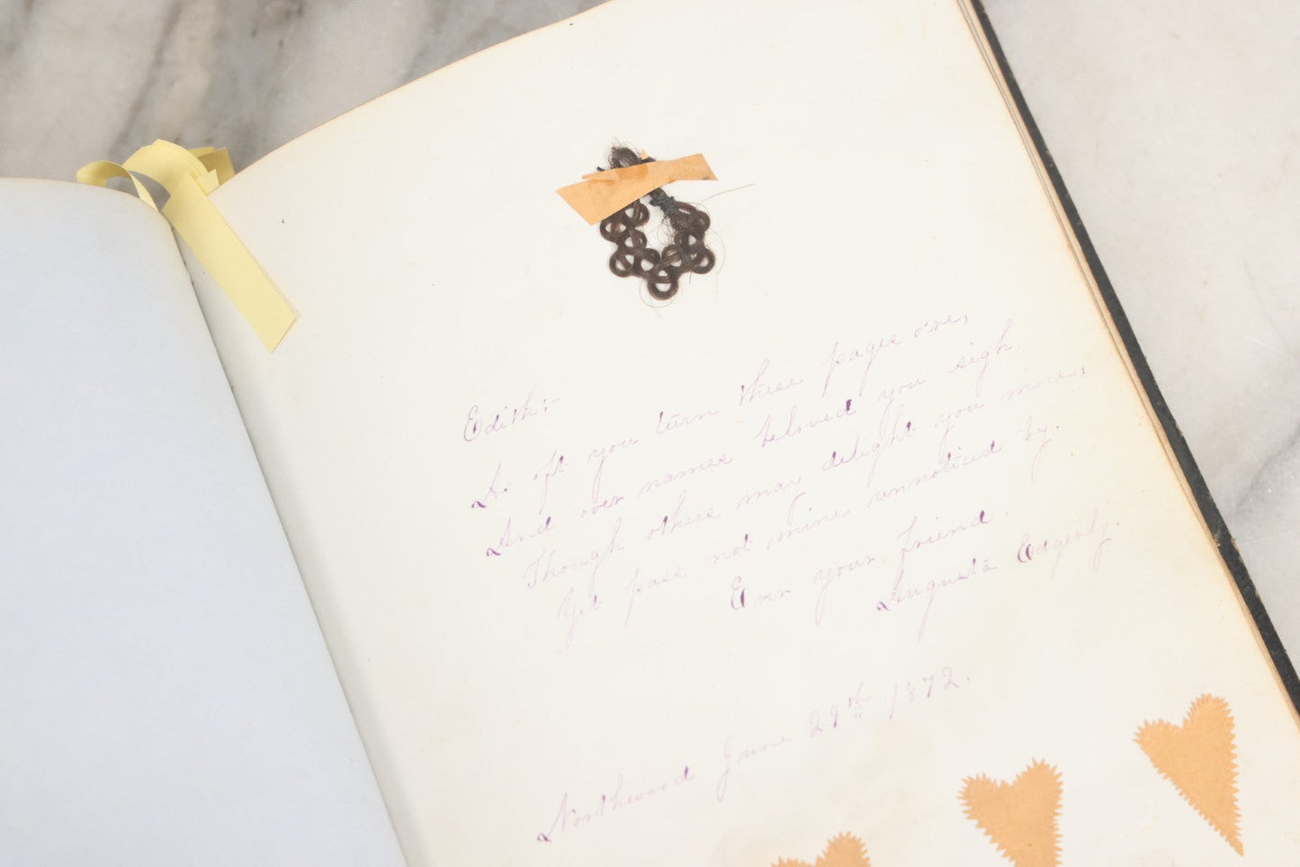 Lot 001 - Antique Album Of Remembrance, Containing 10+ Hair Mementos, Handwritten Notes And Signatures, Engravings, And Scraps, Belonged To Edith With Signatures From New Hampshire And Maine, 1860s