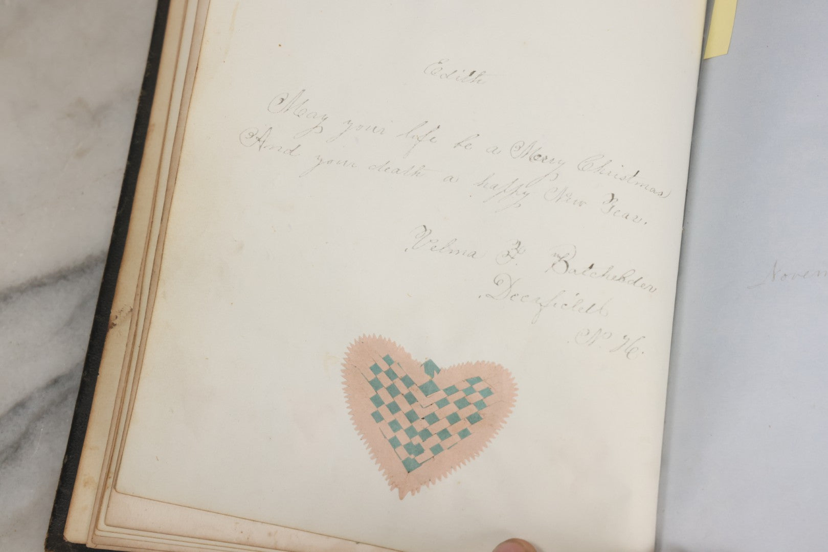 Lot 001 - Antique Album Of Remembrance, Containing 10+ Hair Mementos, Handwritten Notes And Signatures, Engravings, And Scraps, Belonged To Edith With Signatures From New Hampshire And Maine, 1860s