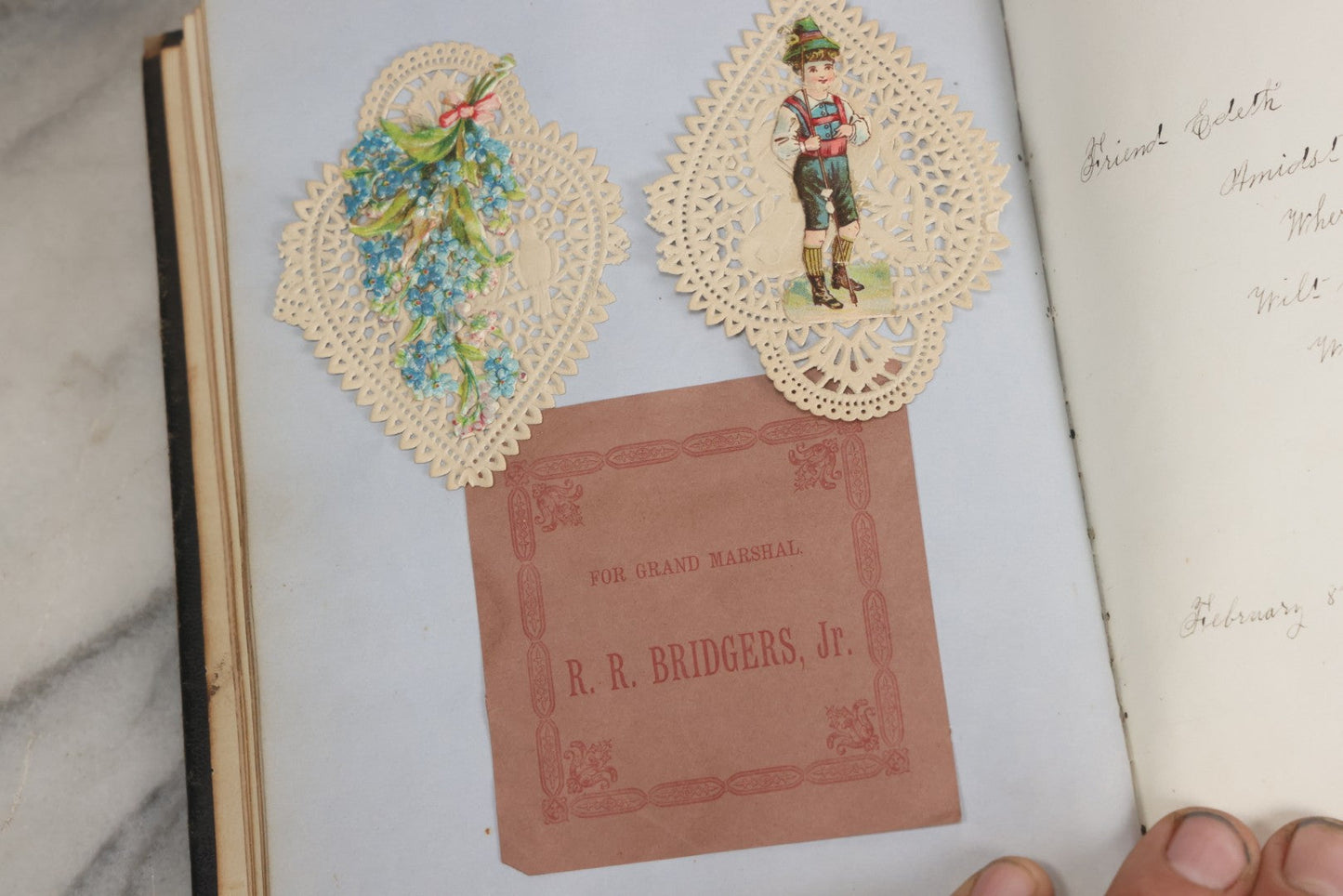 Lot 001 - Antique Album Of Remembrance, Containing 10+ Hair Mementos, Handwritten Notes And Signatures, Engravings, And Scraps, Belonged To Edith With Signatures From New Hampshire And Maine, 1860s