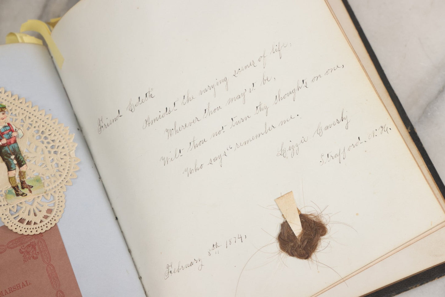 Lot 001 - Antique Album Of Remembrance, Containing 10+ Hair Mementos, Handwritten Notes And Signatures, Engravings, And Scraps, Belonged To Edith With Signatures From New Hampshire And Maine, 1860s