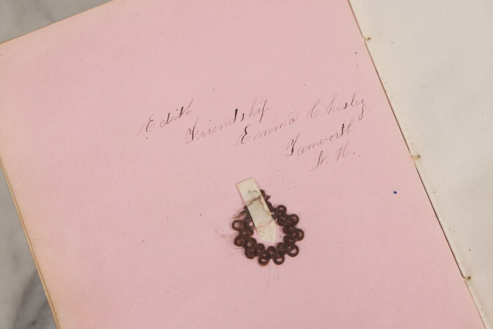 Lot 001 - Antique Album Of Remembrance, Containing 10+ Hair Mementos, Handwritten Notes And Signatures, Engravings, And Scraps, Belonged To Edith With Signatures From New Hampshire And Maine, 1860s