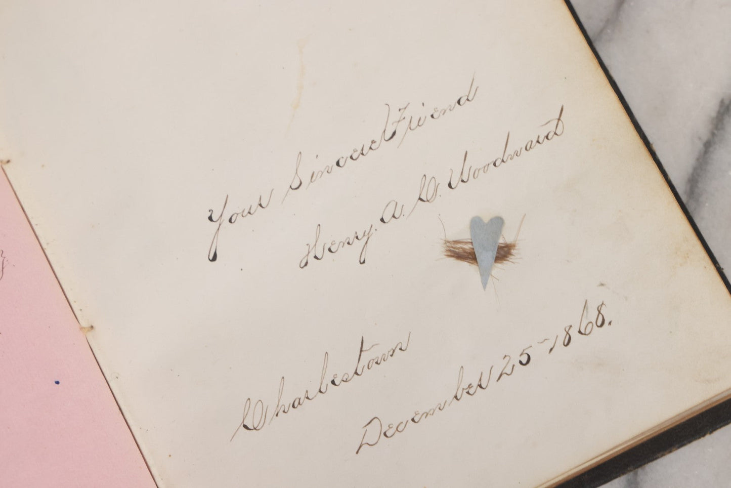 Lot 001 - Antique Album Of Remembrance, Containing 10+ Hair Mementos, Handwritten Notes And Signatures, Engravings, And Scraps, Belonged To Edith With Signatures From New Hampshire And Maine, 1860s