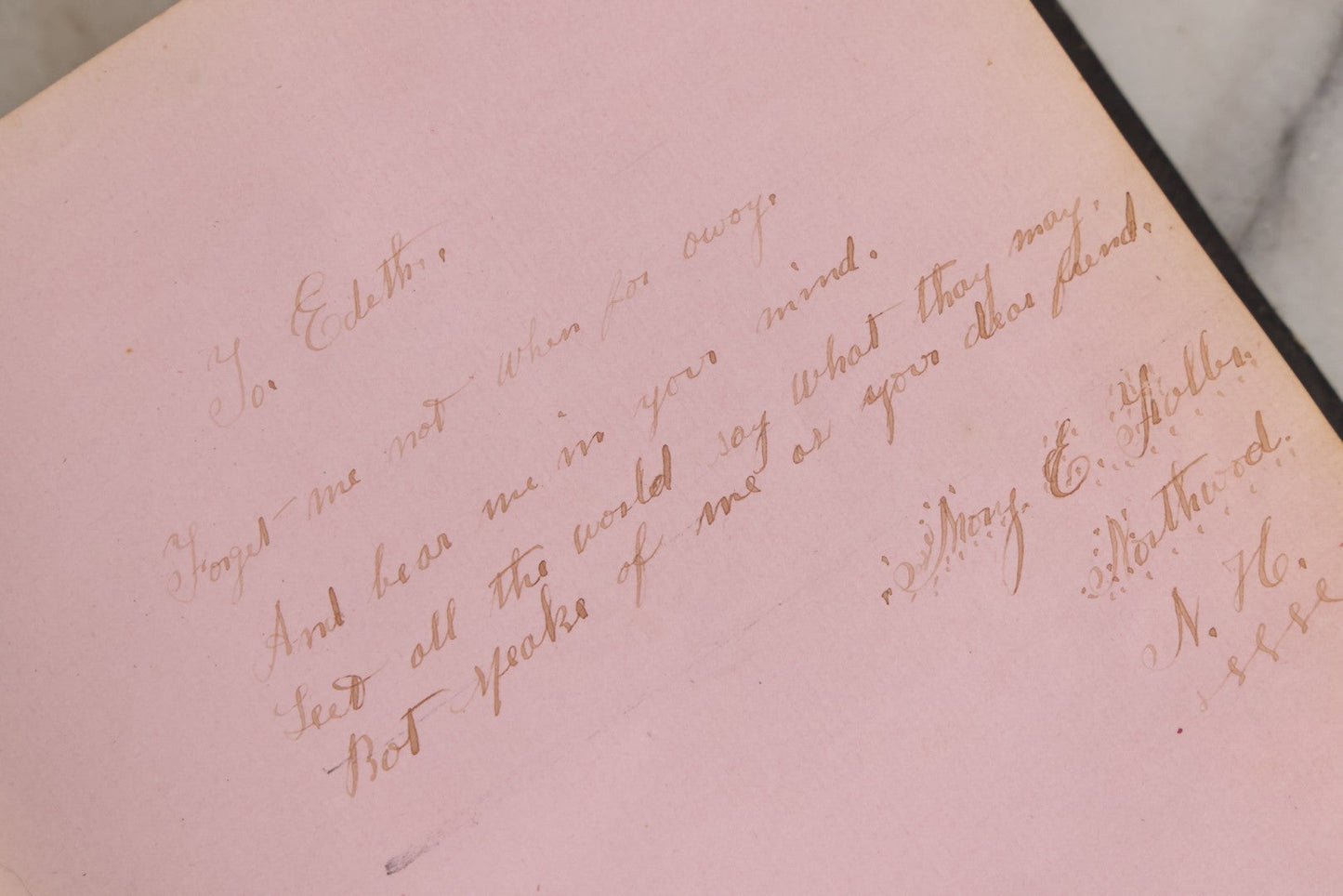 Lot 001 - Antique Album Of Remembrance, Containing 10+ Hair Mementos, Handwritten Notes And Signatures, Engravings, And Scraps, Belonged To Edith With Signatures From New Hampshire And Maine, 1860s