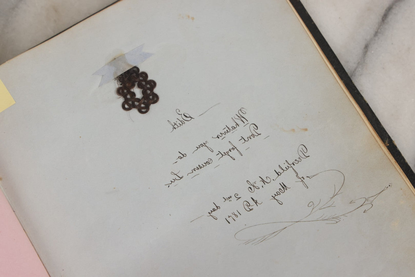 Lot 001 - Antique Album Of Remembrance, Containing 10+ Hair Mementos, Handwritten Notes And Signatures, Engravings, And Scraps, Belonged To Edith With Signatures From New Hampshire And Maine, 1860s