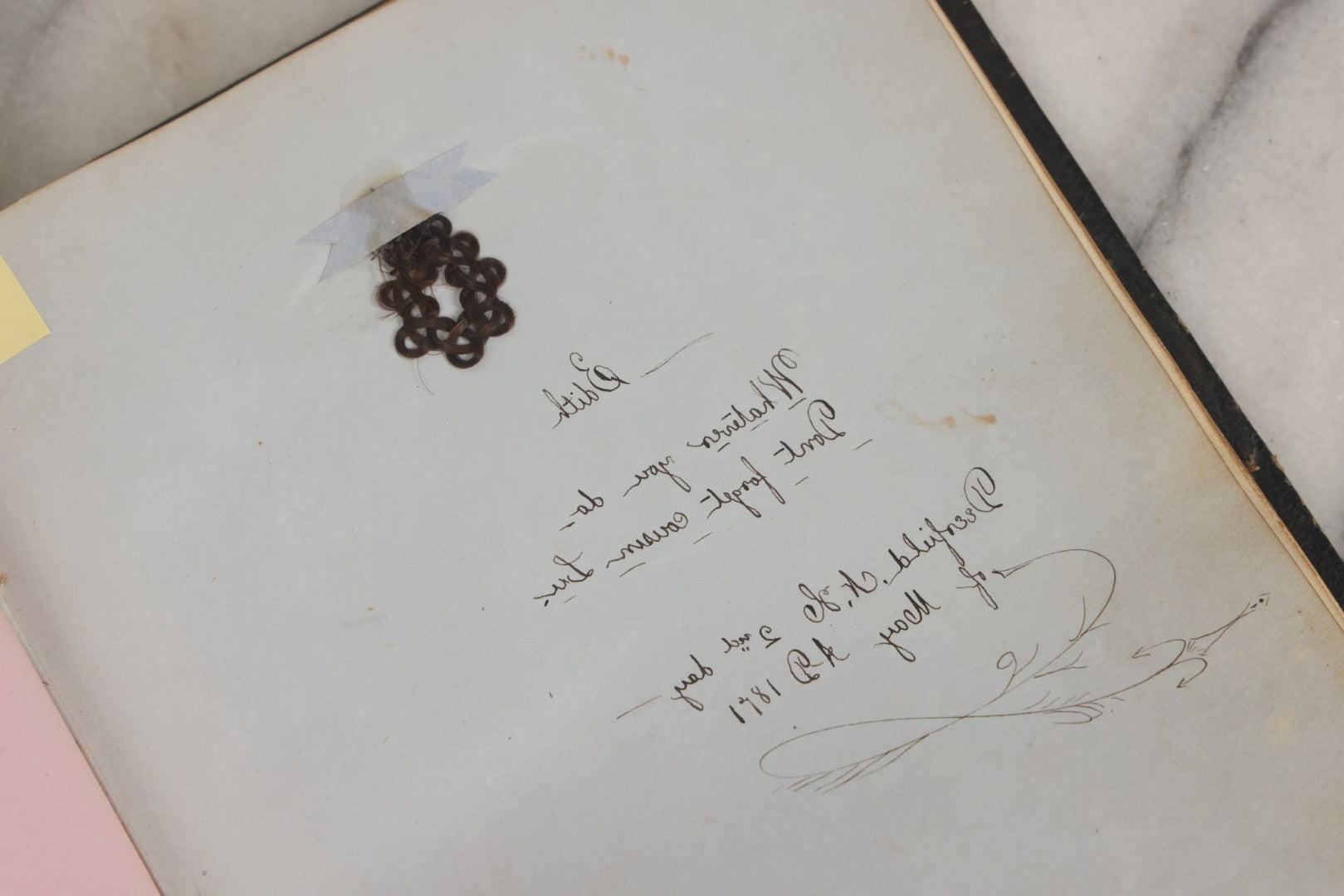 Lot 001 - Antique Album Of Remembrance, Containing 10+ Hair Mementos, Handwritten Notes And Signatures, Engravings, And Scraps, Belonged To Edith With Signatures From New Hampshire And Maine, 1860s