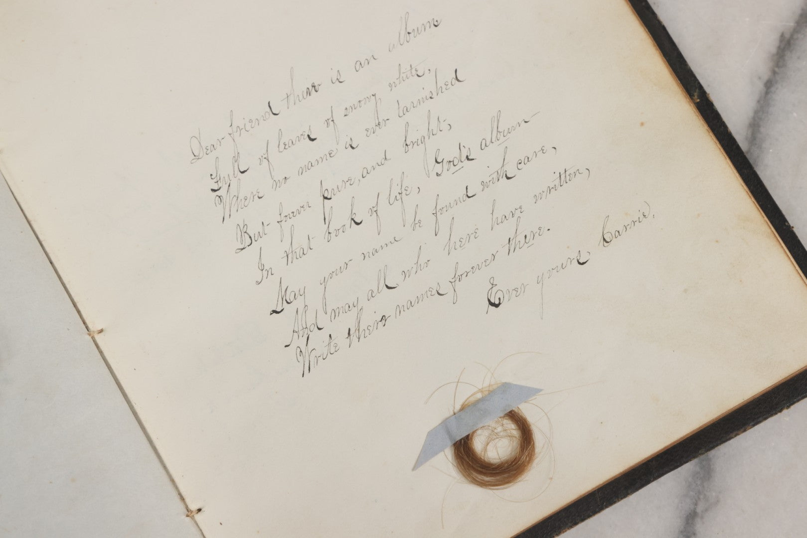 Lot 001 - Antique Album Of Remembrance, Containing 10+ Hair Mementos, Handwritten Notes And Signatures, Engravings, And Scraps, Belonged To Edith With Signatures From New Hampshire And Maine, 1860s