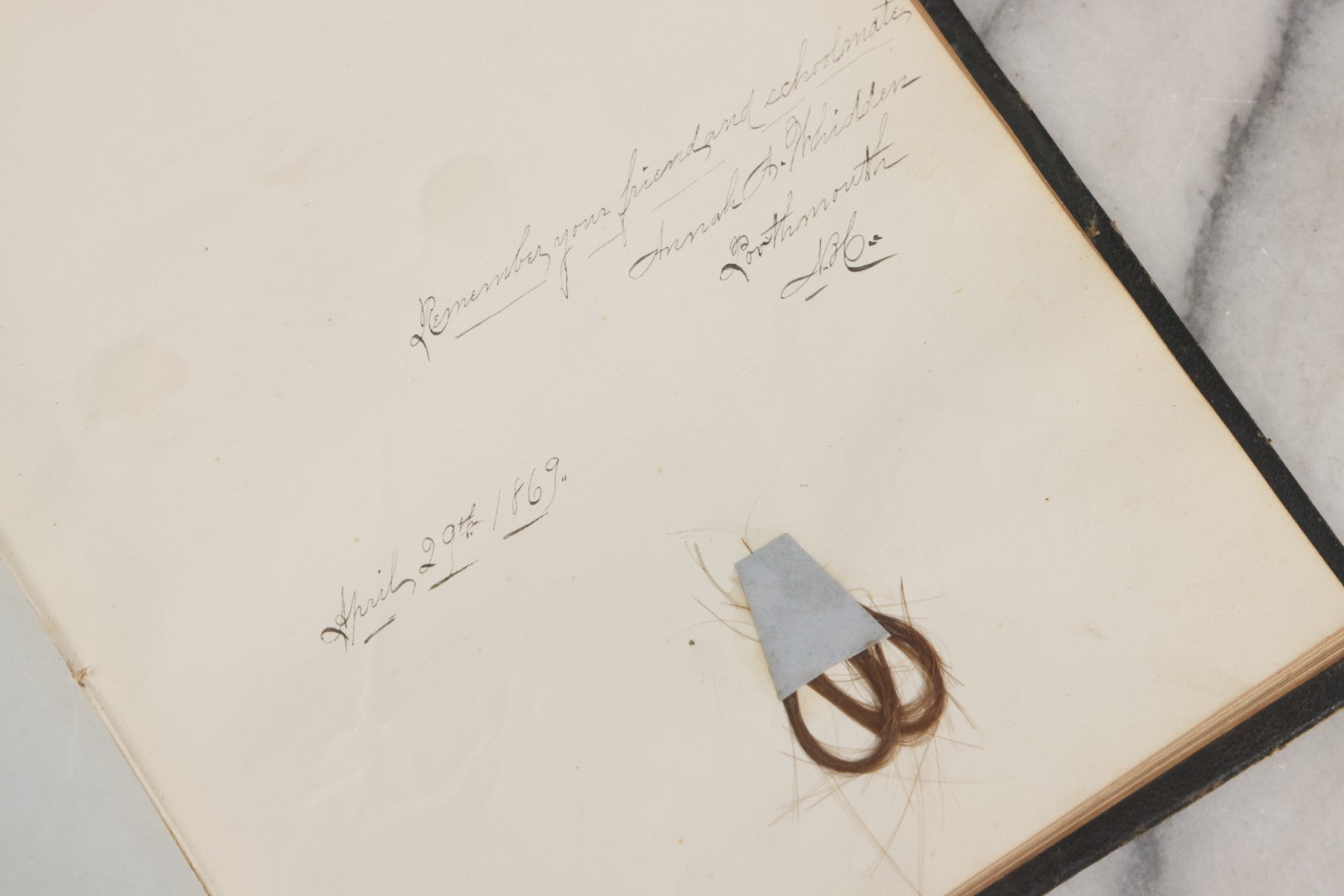 Lot 001 - Antique Album Of Remembrance, Containing 10+ Hair Mementos, Handwritten Notes And Signatures, Engravings, And Scraps, Belonged To Edith With Signatures From New Hampshire And Maine, 1860s