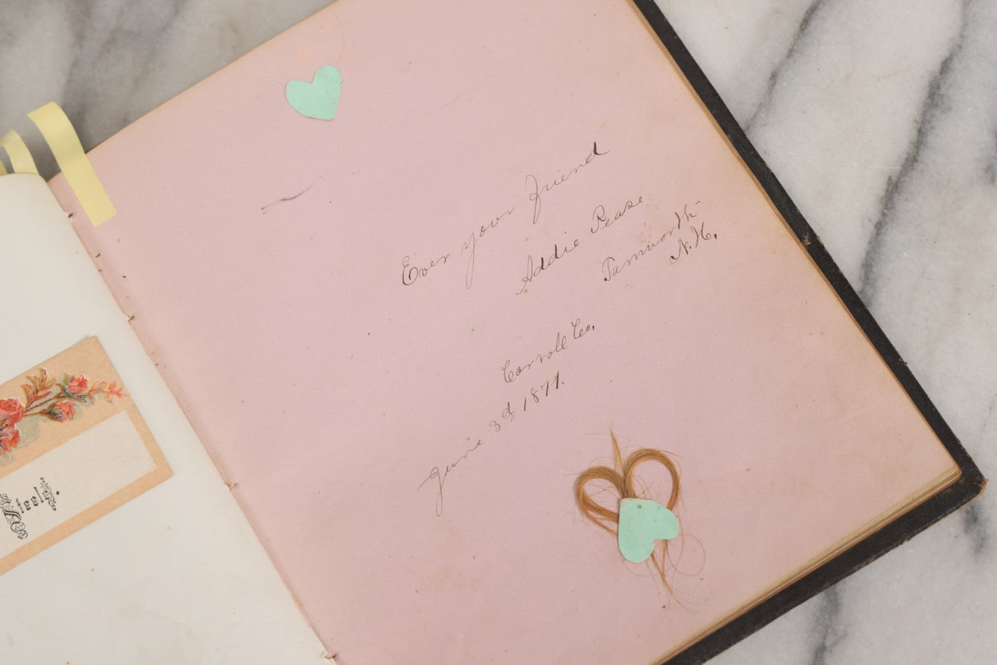 Lot 001 - Antique Album Of Remembrance, Containing 10+ Hair Mementos, Handwritten Notes And Signatures, Engravings, And Scraps, Belonged To Edith With Signatures From New Hampshire And Maine, 1860s