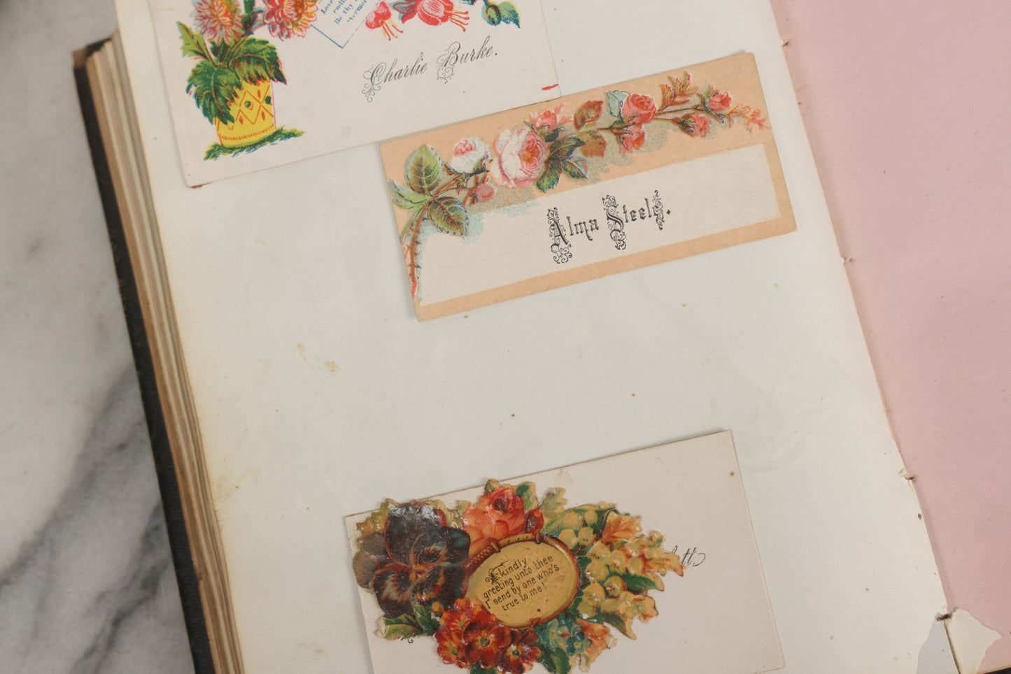 Lot 001 - Antique Album Of Remembrance, Containing 10+ Hair Mementos, Handwritten Notes And Signatures, Engravings, And Scraps, Belonged To Edith With Signatures From New Hampshire And Maine, 1860s