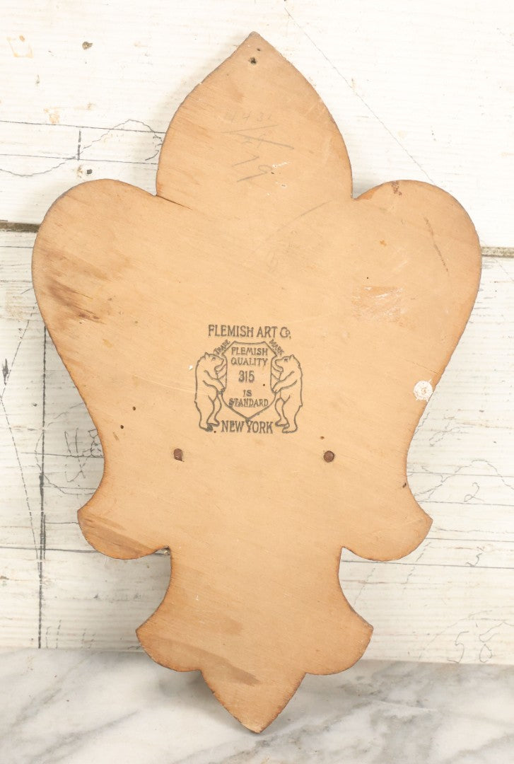Lot 077 - Antique Wood Burned Pyrography Wall Hanging Plaque Fleur-De-Lis Tie Rack, Flemish Art Co., New York, No. 315, 8-1/4" x 12-3/4"