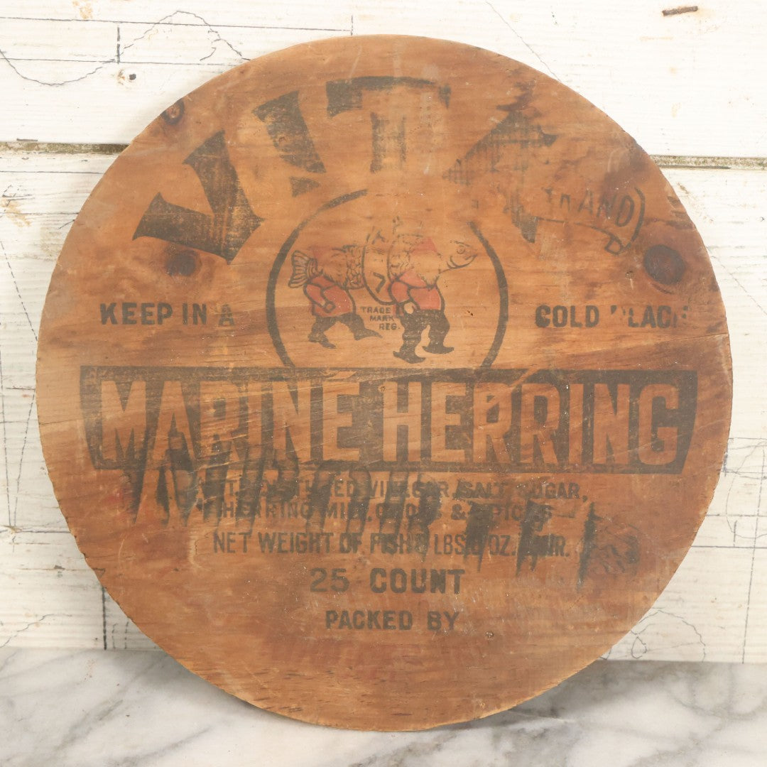 Lot 078 - Vintage Vita Brand Marine Herring Fish Advertising Barrel Lid, As Found, With Wear, 10-1/2" Diameter