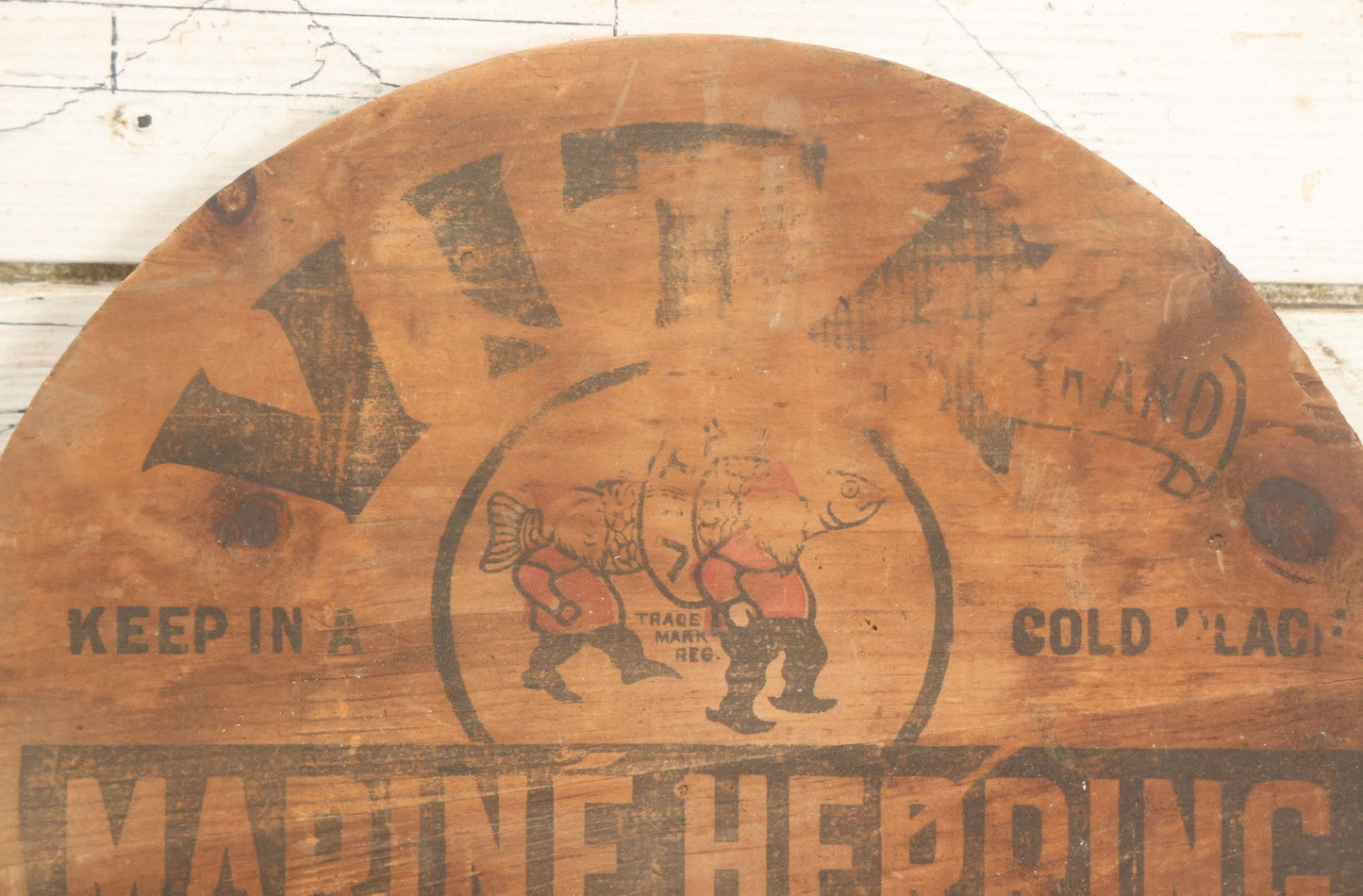 Lot 078 - Vintage Vita Brand Marine Herring Fish Advertising Barrel Lid, As Found, With Wear, 10-1/2" Diameter