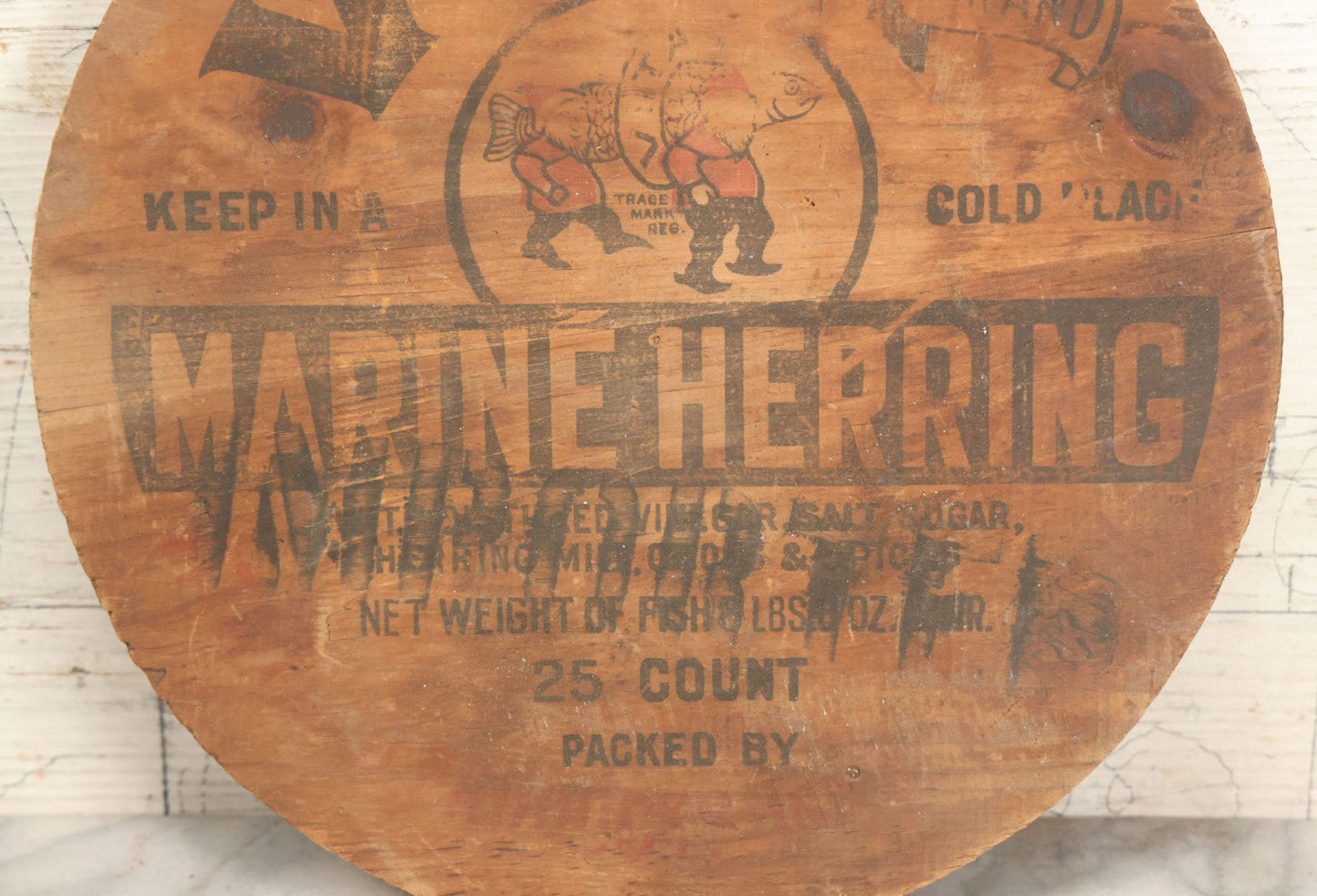 Lot 078 - Vintage Vita Brand Marine Herring Fish Advertising Barrel Lid, As Found, With Wear, 10-1/2" Diameter