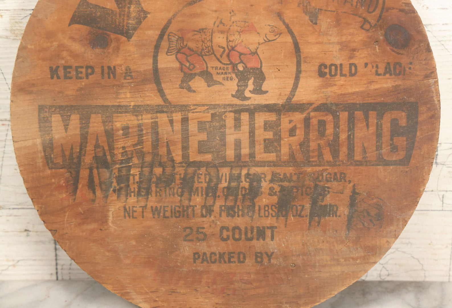 Lot 078 - Vintage Vita Brand Marine Herring Fish Advertising Barrel Lid, As Found, With Wear, 10-1/2" Diameter