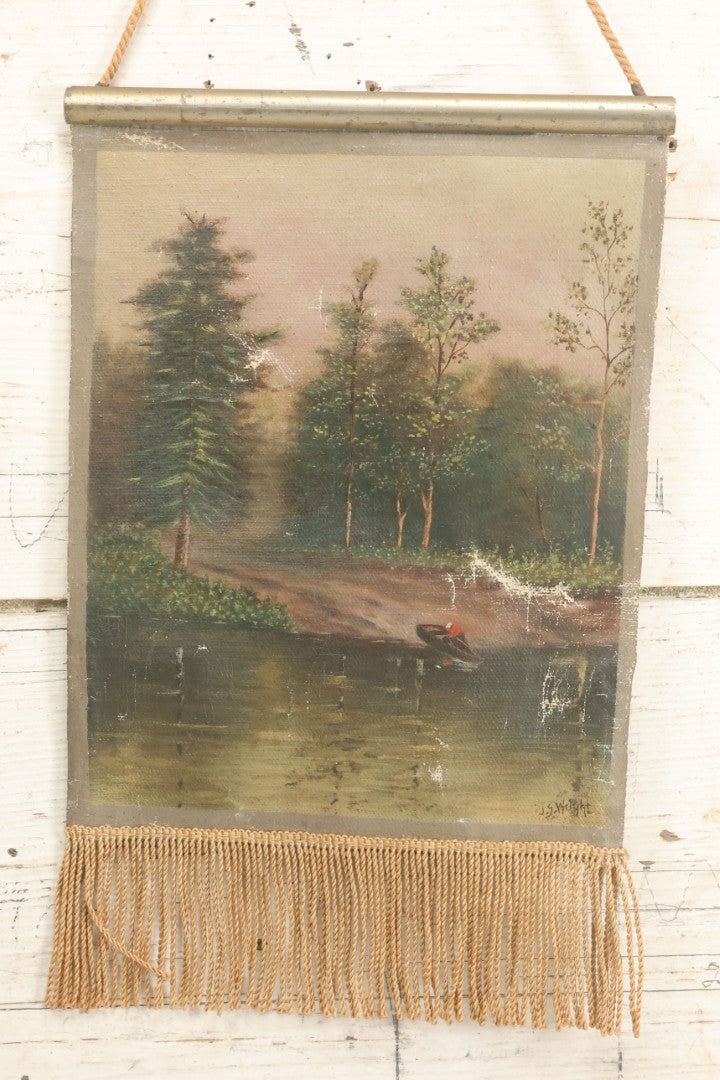 Lot 079 - Antique Oil On Canvas Hanging Painting Of A Rowboat On The Shore Of A Forest, Artist Signed J.S. Wright, With Hanging Rope And Rope Fringe On Bottom