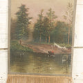 Lot 079 - Antique Oil On Canvas Hanging Painting Of A Rowboat On The Shore Of A Forest, Artist Signed J.S. Wright, With Hanging Rope And Rope Fringe On Bottom