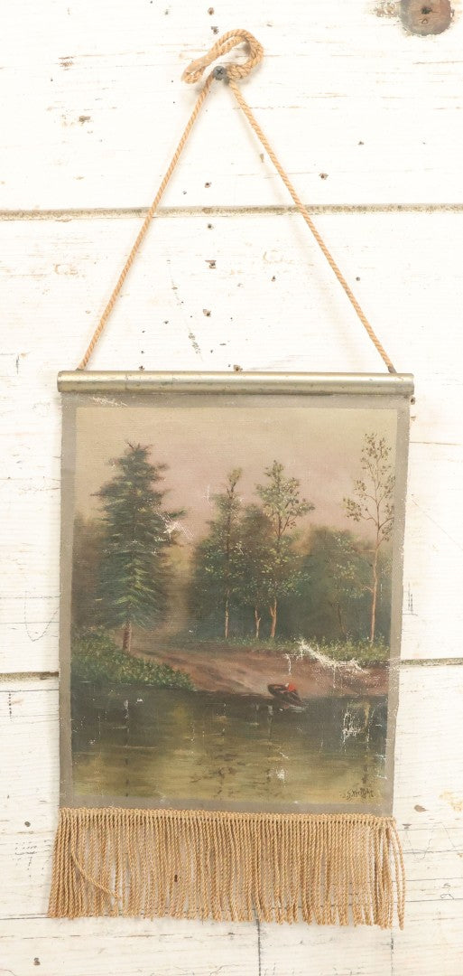 Lot 079 - Antique Oil On Canvas Hanging Painting Of A Rowboat On The Shore Of A Forest, Artist Signed J.S. Wright, With Hanging Rope And Rope Fringe On Bottom