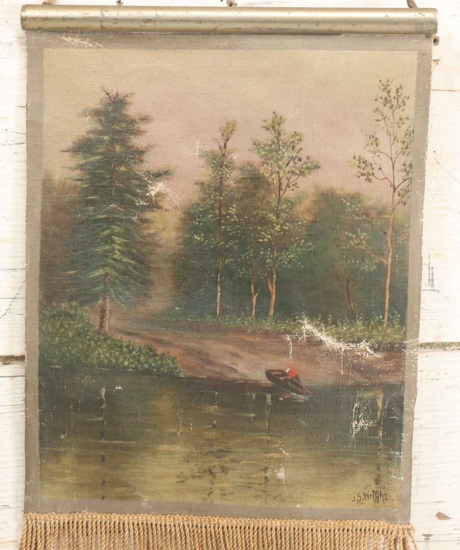 Lot 079 - Antique Oil On Canvas Hanging Painting Of A Rowboat On The Shore Of A Forest, Artist Signed J.S. Wright, With Hanging Rope And Rope Fringe On Bottom