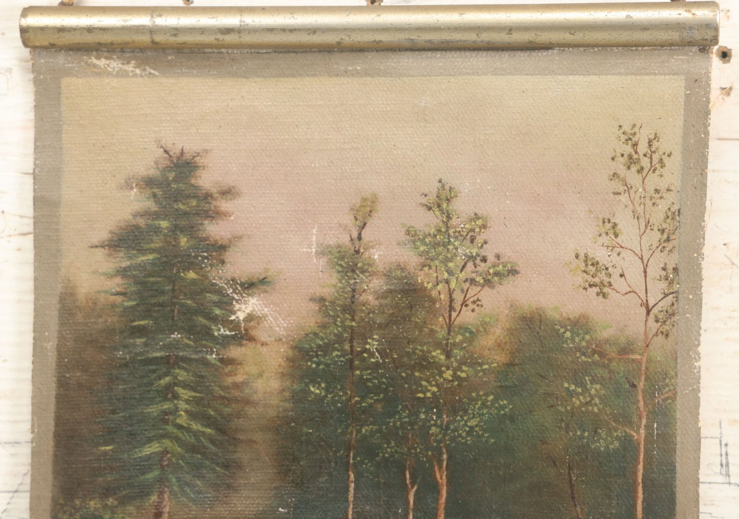 Lot 079 - Antique Oil On Canvas Hanging Painting Of A Rowboat On The Shore Of A Forest, Artist Signed J.S. Wright, With Hanging Rope And Rope Fringe On Bottom