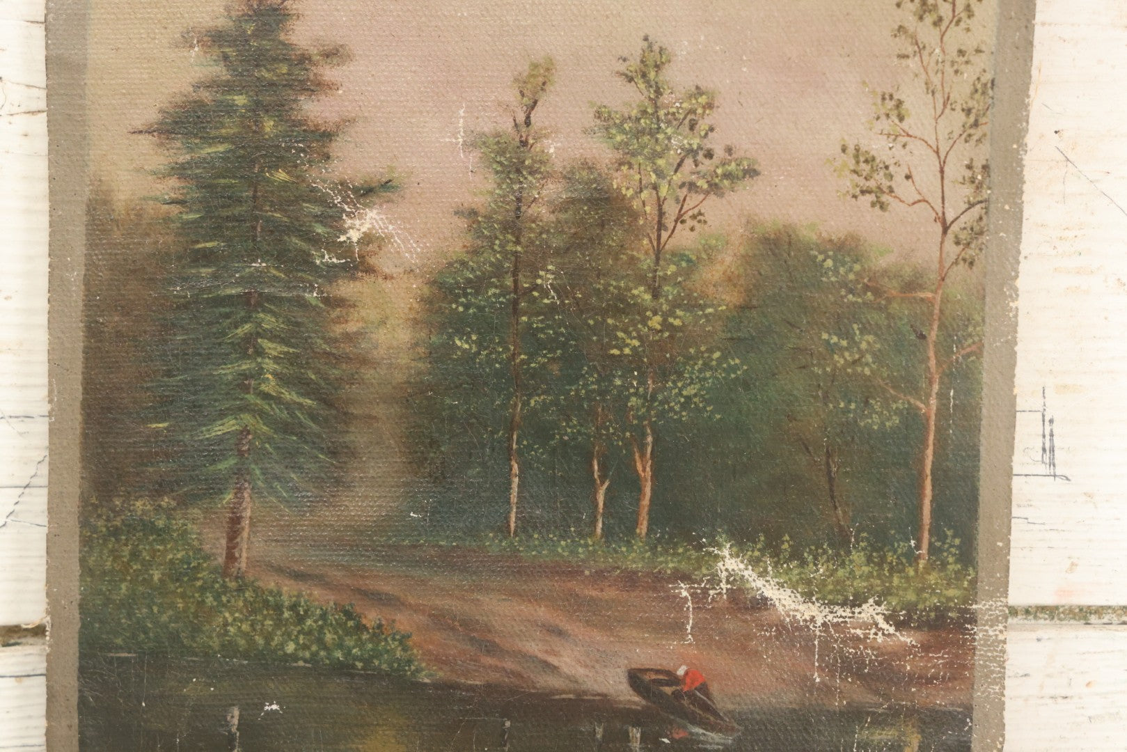 Lot 079 - Antique Oil On Canvas Hanging Painting Of A Rowboat On The Shore Of A Forest, Artist Signed J.S. Wright, With Hanging Rope And Rope Fringe On Bottom