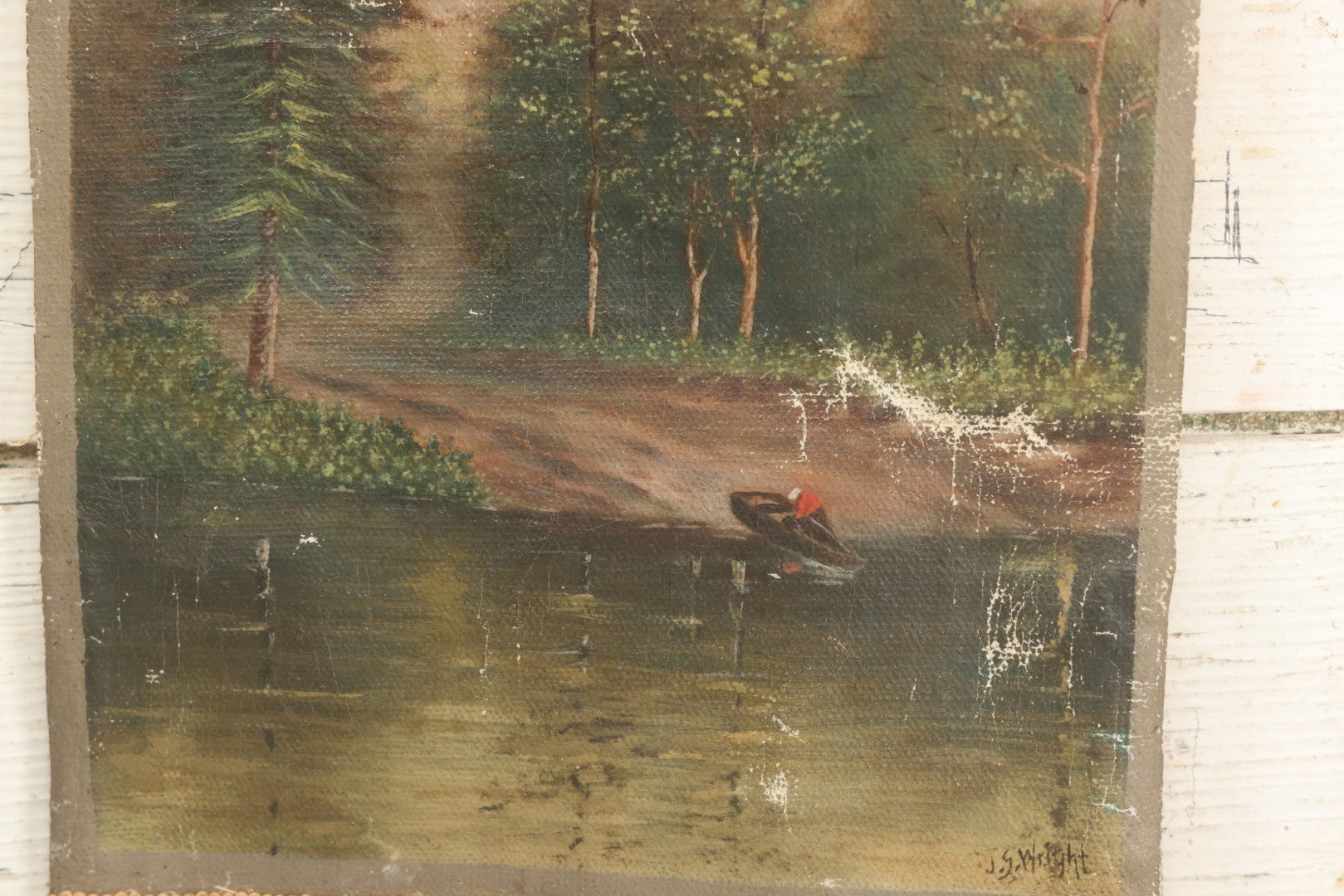 Lot 079 - Antique Oil On Canvas Hanging Painting Of A Rowboat On The Shore Of A Forest, Artist Signed J.S. Wright, With Hanging Rope And Rope Fringe On Bottom