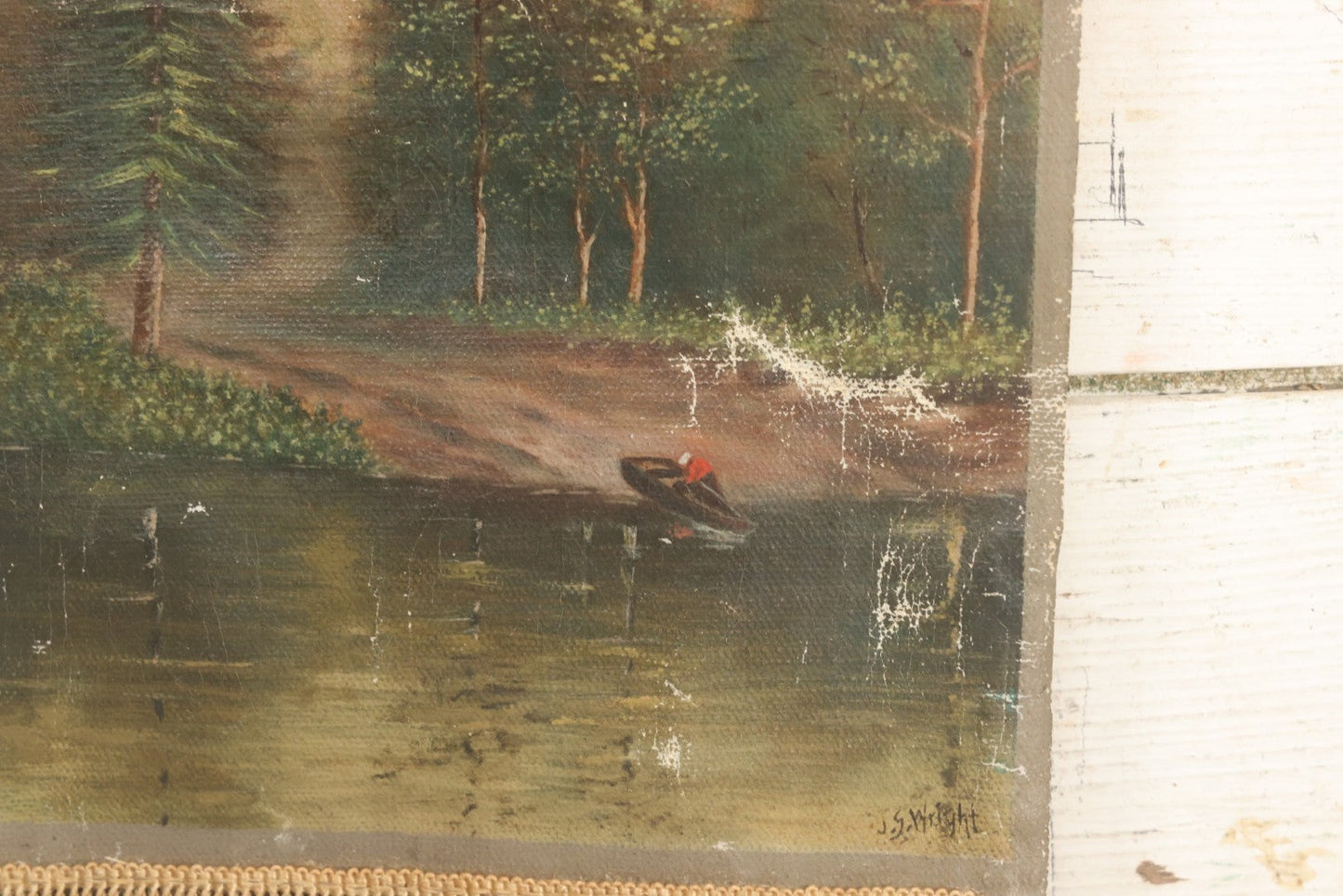 Lot 079 - Antique Oil On Canvas Hanging Painting Of A Rowboat On The Shore Of A Forest, Artist Signed J.S. Wright, With Hanging Rope And Rope Fringe On Bottom