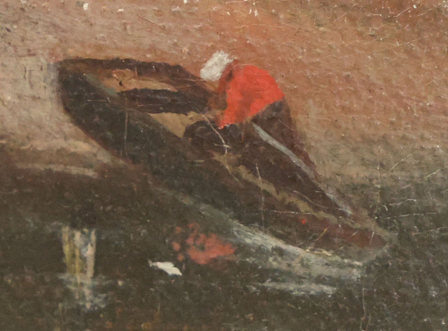 Lot 079 - Antique Oil On Canvas Hanging Painting Of A Rowboat On The Shore Of A Forest, Artist Signed J.S. Wright, With Hanging Rope And Rope Fringe On Bottom