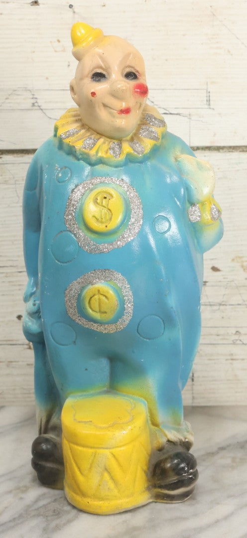 Lot 081 - Vintage Chalkware Clown Bank Carnival Prize With Glitter Details, Blue And Yellow Air Brush Paint, 13" H