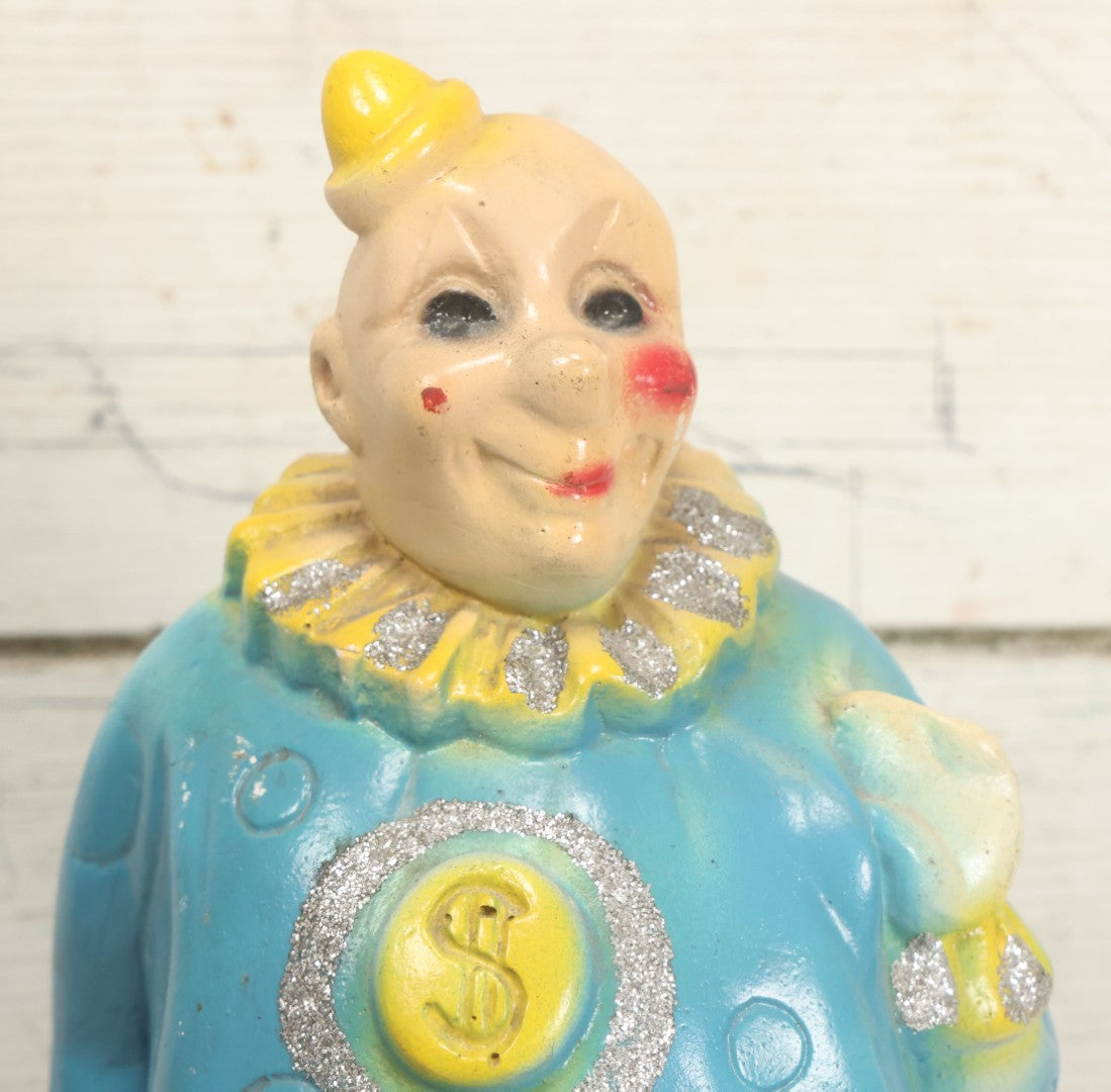Lot 081 - Vintage Chalkware Clown Bank Carnival Prize With Glitter Details, Blue And Yellow Air Brush Paint, 13" H