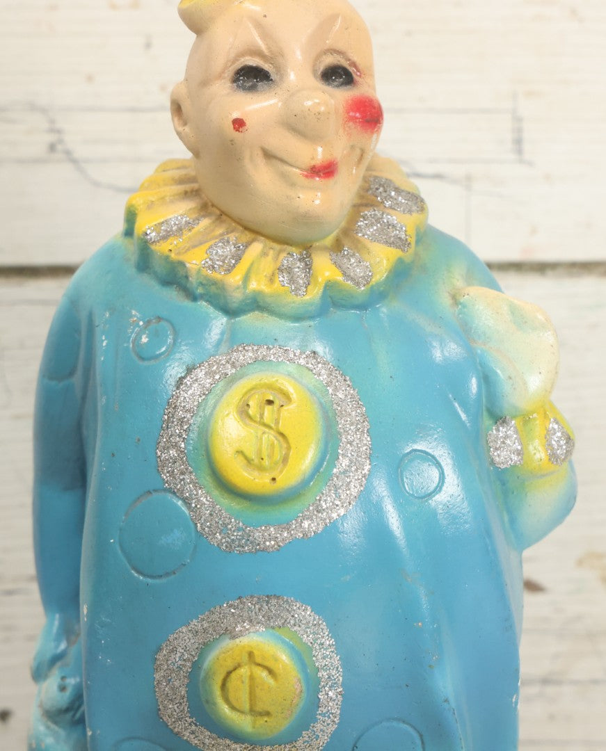 Lot 081 - Vintage Chalkware Clown Bank Carnival Prize With Glitter Details, Blue And Yellow Air Brush Paint, 13" H