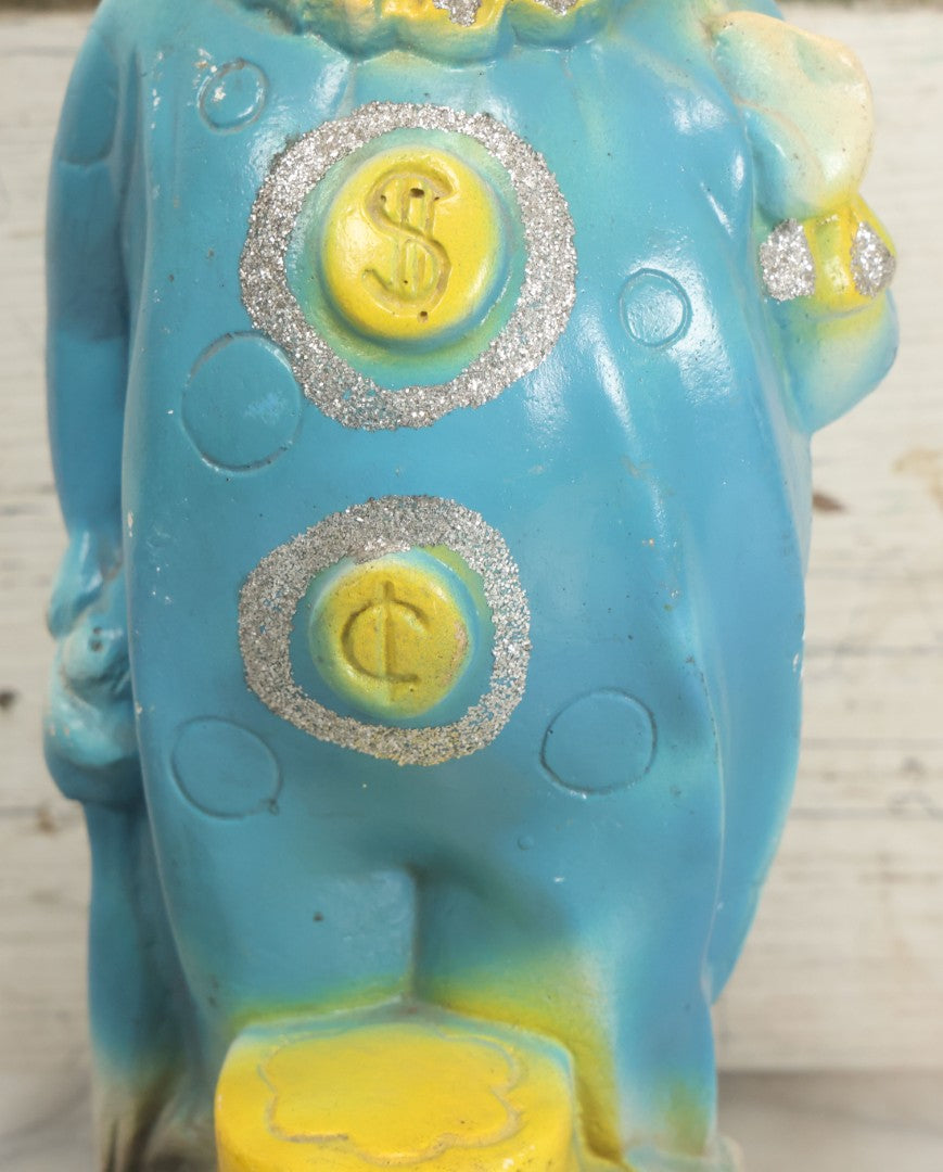 Lot 081 - Vintage Chalkware Clown Bank Carnival Prize With Glitter Details, Blue And Yellow Air Brush Paint, 13" H