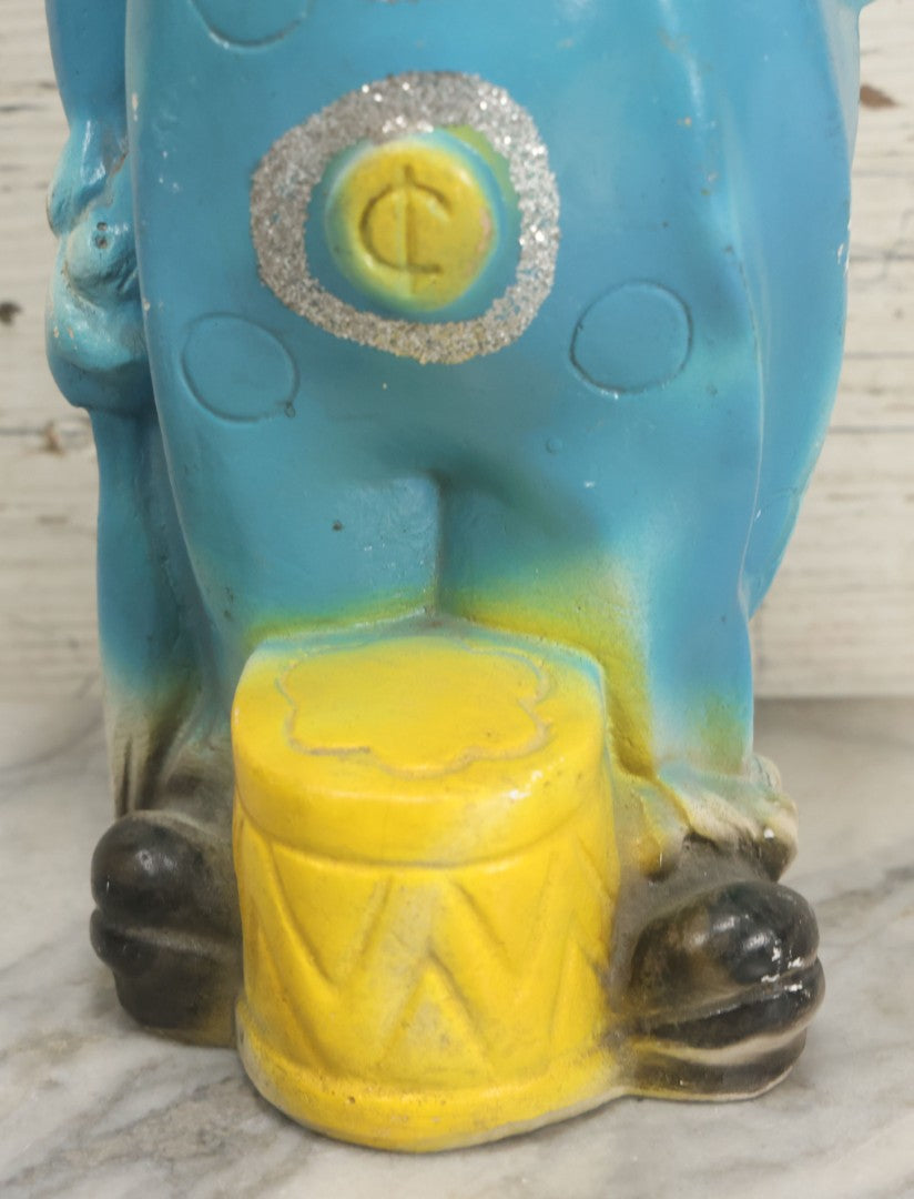 Lot 081 - Vintage Chalkware Clown Bank Carnival Prize With Glitter Details, Blue And Yellow Air Brush Paint, 13" H