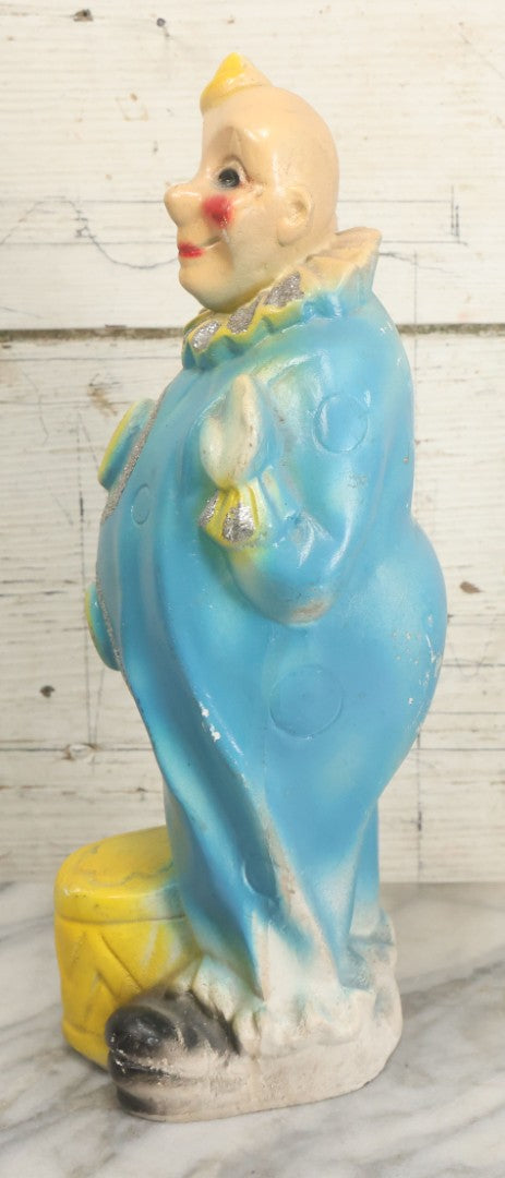 Lot 081 - Vintage Chalkware Clown Bank Carnival Prize With Glitter Details, Blue And Yellow Air Brush Paint, 13" H