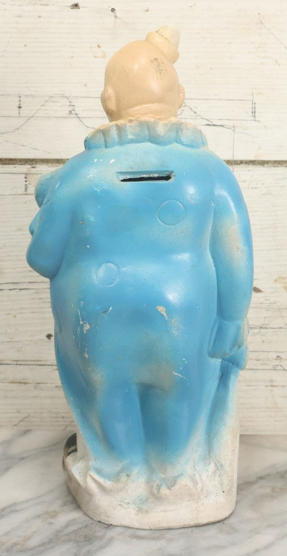 Lot 081 - Vintage Chalkware Clown Bank Carnival Prize With Glitter Details, Blue And Yellow Air Brush Paint, 13" H