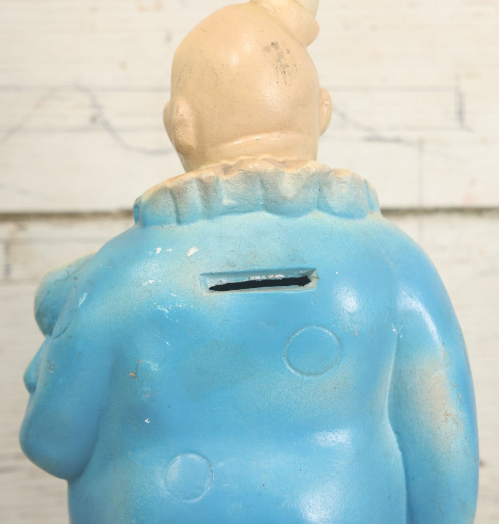 Lot 081 - Vintage Chalkware Clown Bank Carnival Prize With Glitter Details, Blue And Yellow Air Brush Paint, 13" H