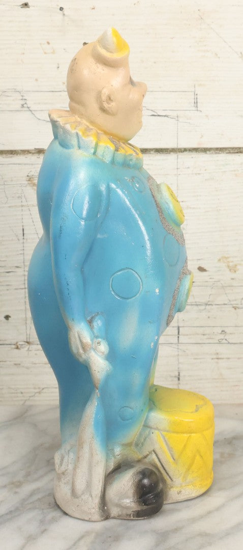 Lot 081 - Vintage Chalkware Clown Bank Carnival Prize With Glitter Details, Blue And Yellow Air Brush Paint, 13" H