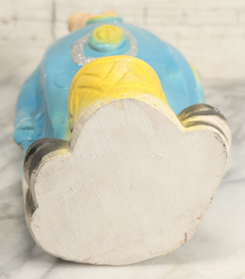 Lot 081 - Vintage Chalkware Clown Bank Carnival Prize With Glitter Details, Blue And Yellow Air Brush Paint, 13" H