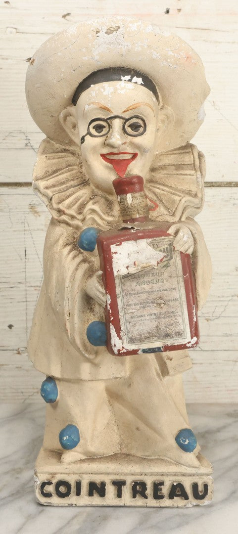 Lot 082 - Vintage Chalkware Pierrot Clown Bar Back Advertising Statue For French Liqueur Cointreau, Note Chips, Losses, 14-1/2" H