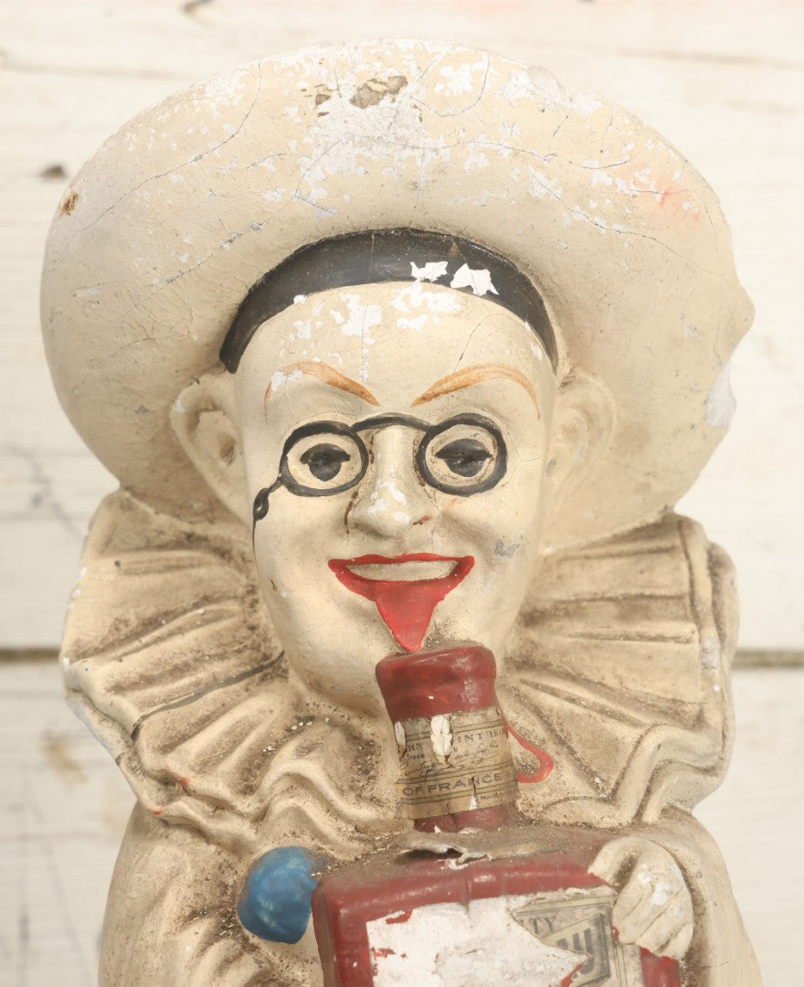 Lot 082 - Vintage Chalkware Pierrot Clown Bar Back Advertising Statue For French Liqueur Cointreau, Note Chips, Losses, 14-1/2" H