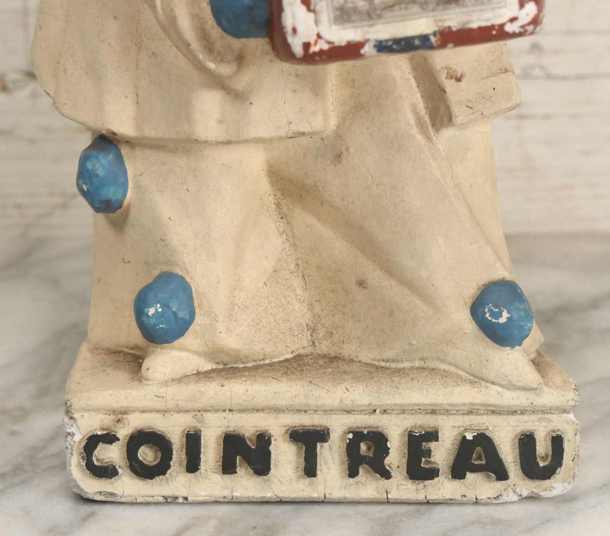Lot 082 - Vintage Chalkware Pierrot Clown Bar Back Advertising Statue For French Liqueur Cointreau, Note Chips, Losses, 14-1/2" H