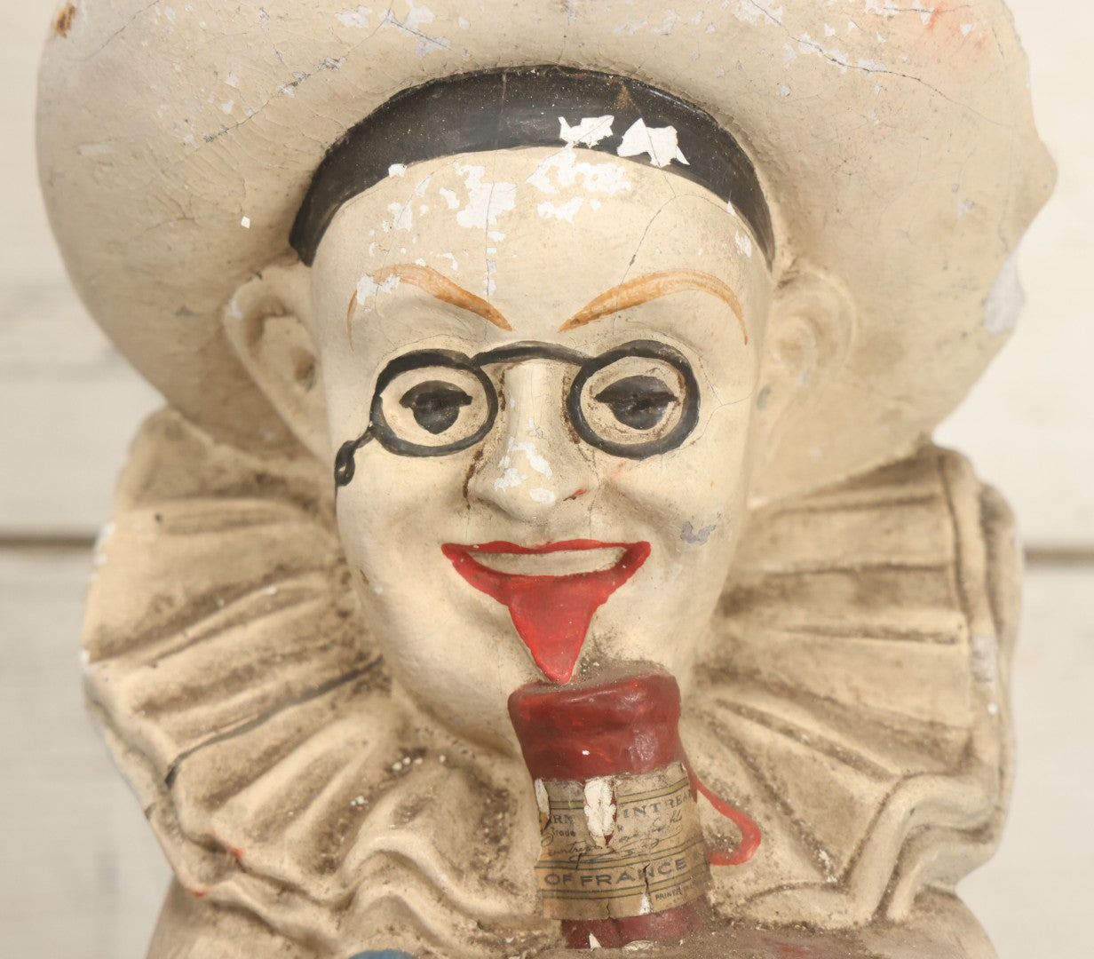 Lot 082 - Vintage Chalkware Pierrot Clown Bar Back Advertising Statue For French Liqueur Cointreau, Note Chips, Losses, 14-1/2" H