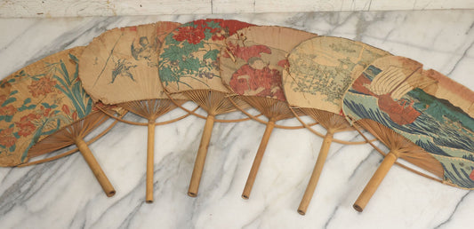 Lot 083 - Grouping Of Six Antique Paper And Bamboo Japanese Advertising Fans, Including One With Bats In Flight, Other Scenes, Varying Conditions