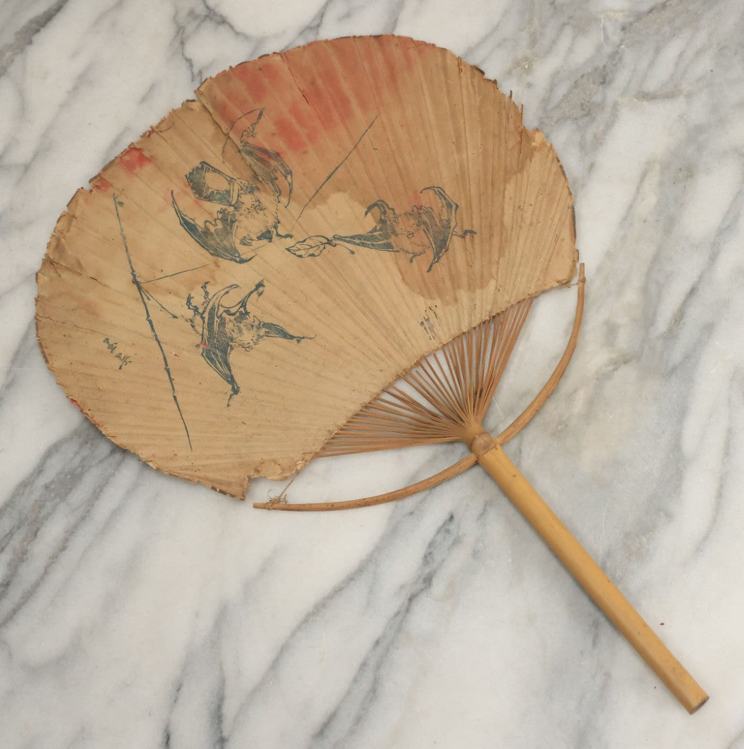 Lot 083 - Grouping Of Six Antique Paper And Bamboo Japanese Advertising Fans, Including One With Bats In Flight, Other Scenes, Varying Conditions