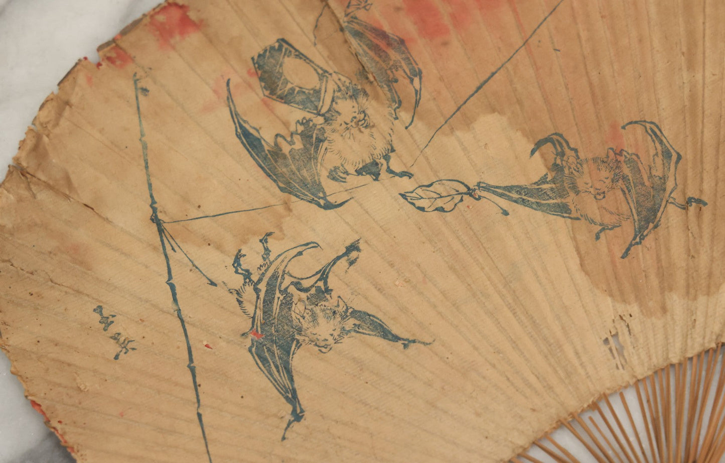 Lot 083 - Grouping Of Six Antique Paper And Bamboo Japanese Advertising Fans, Including One With Bats In Flight, Other Scenes, Varying Conditions