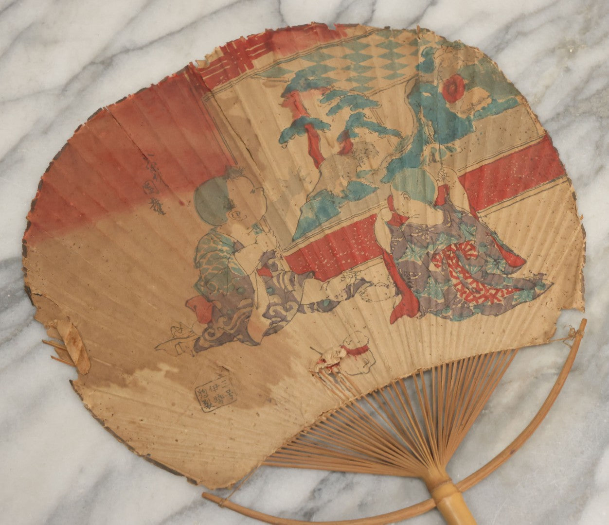 Lot 083 - Grouping Of Six Antique Paper And Bamboo Japanese Advertising Fans, Including One With Bats In Flight, Other Scenes, Varying Conditions