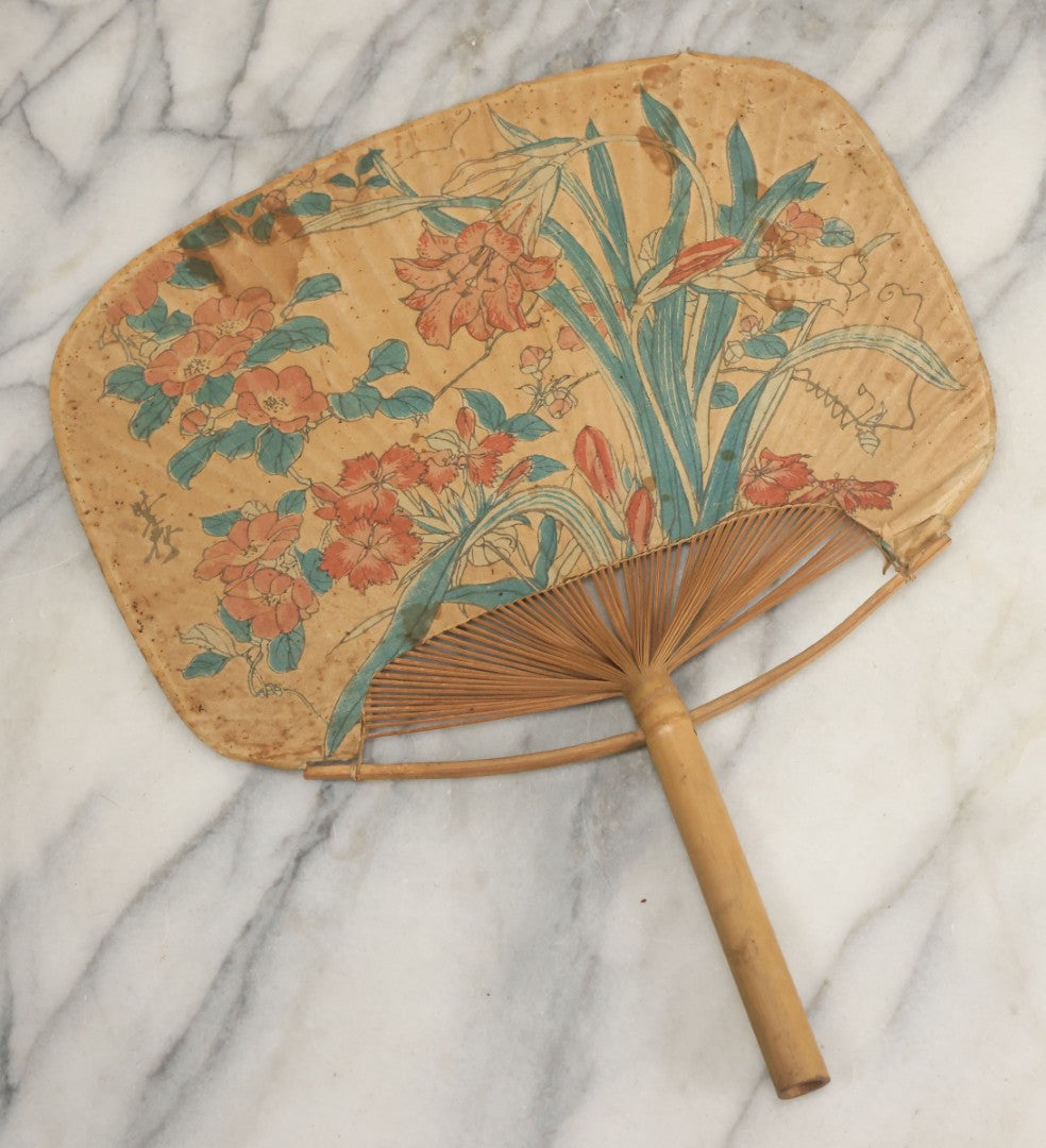 Lot 083 - Grouping Of Six Antique Paper And Bamboo Japanese Advertising Fans, Including One With Bats In Flight, Other Scenes, Varying Conditions