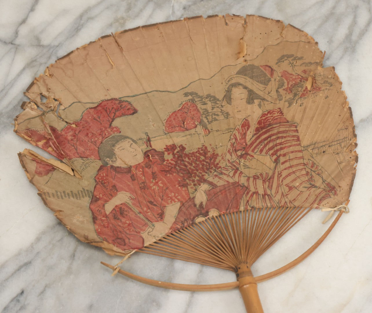 Lot 083 - Grouping Of Six Antique Paper And Bamboo Japanese Advertising Fans, Including One With Bats In Flight, Other Scenes, Varying Conditions