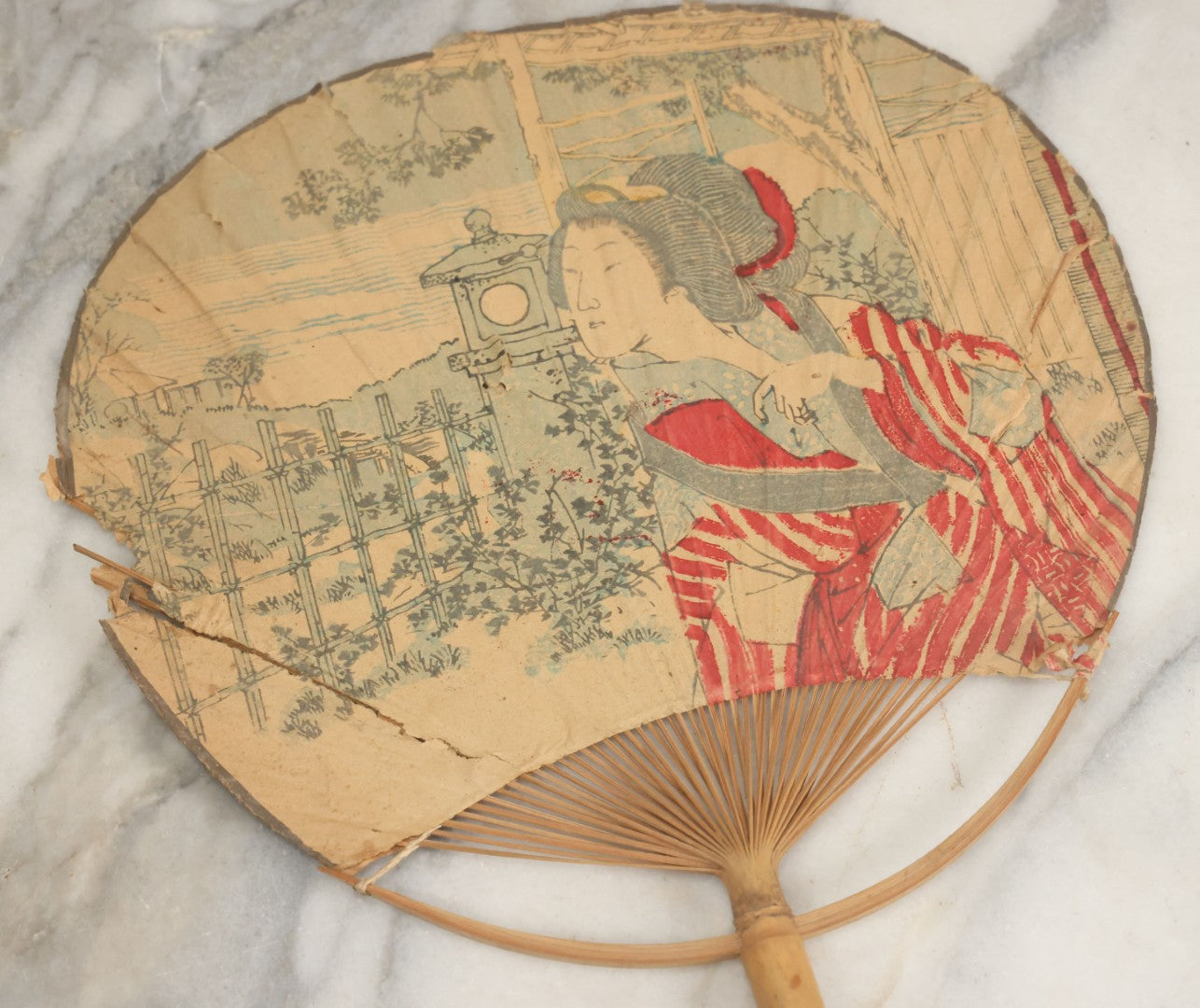 Lot 083 - Grouping Of Six Antique Paper And Bamboo Japanese Advertising Fans, Including One With Bats In Flight, Other Scenes, Varying Conditions