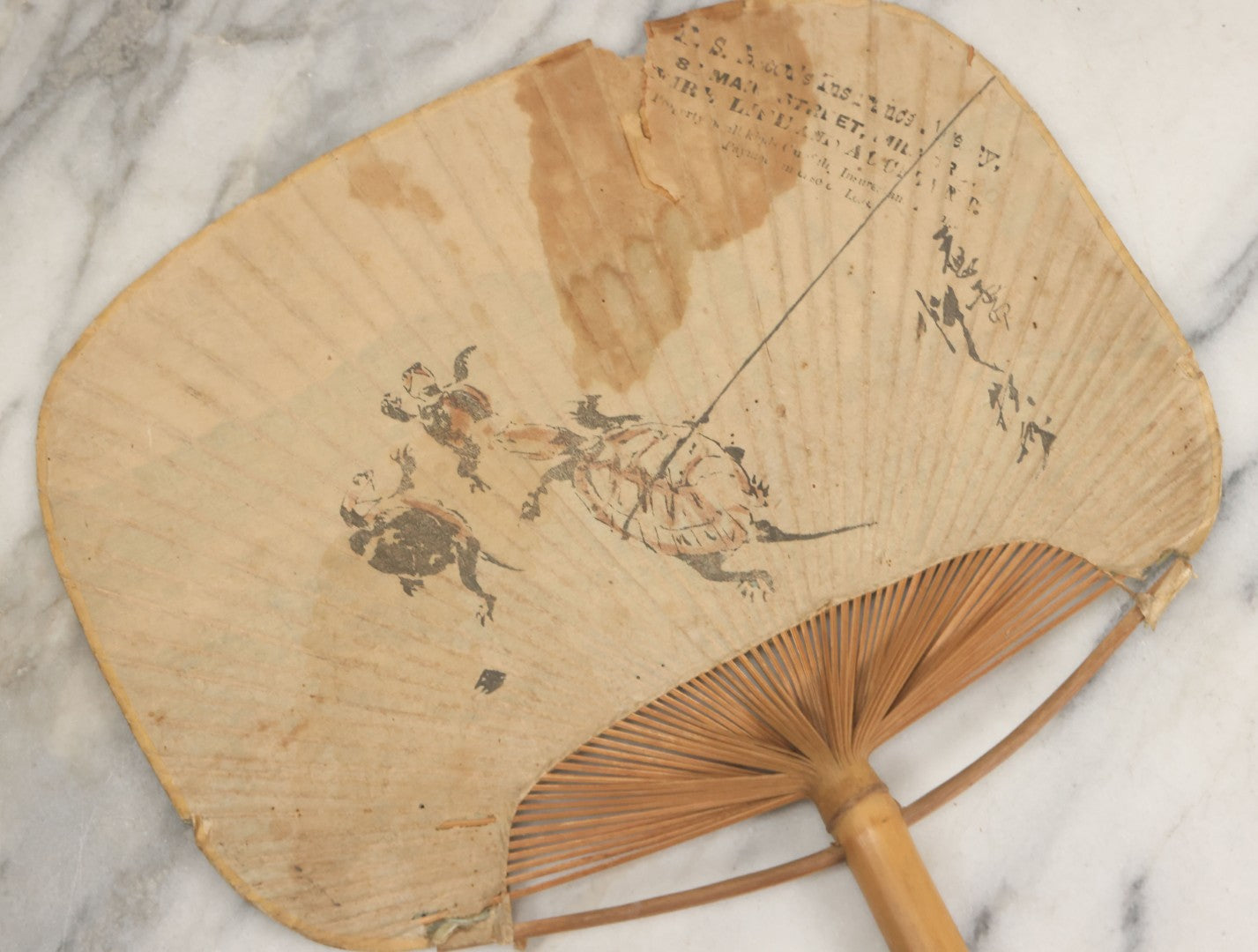 Lot 083 - Grouping Of Six Antique Paper And Bamboo Japanese Advertising Fans, Including One With Bats In Flight, Other Scenes, Varying Conditions
