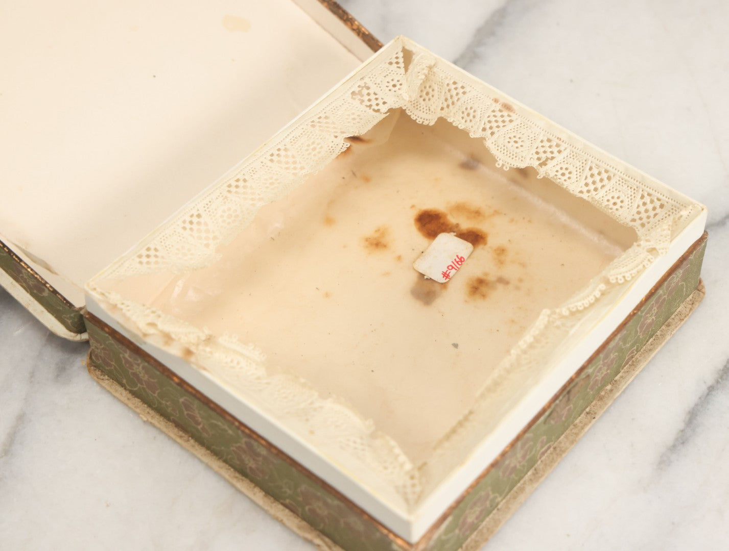 Lot 085 - Antique Paper Board Candy Box With Tufted Red Fabric, Blue Boy With Flowers Graphic On Cover